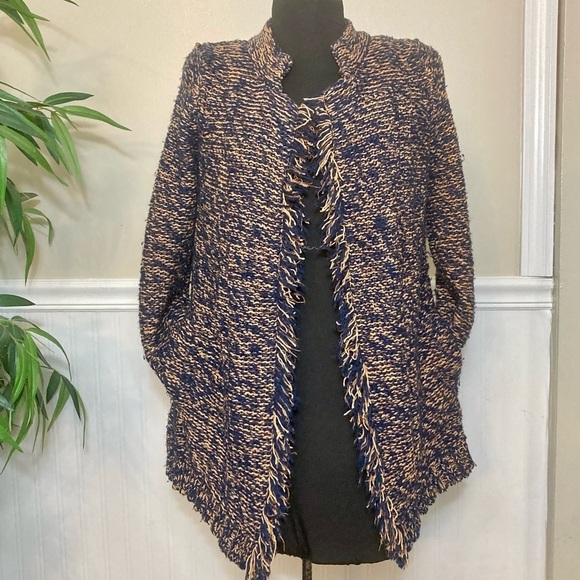 Anthropologie SPARROW Marled Peat Cardigan Open Front SIZE S Linen Blend Fringe. - Picture 4 of 13